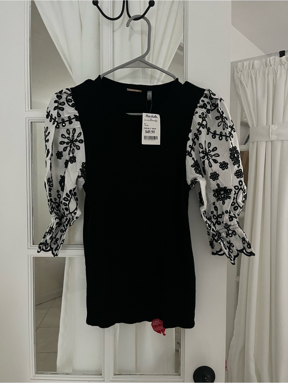 Eli Tahari Black Top with White Embroidered Puff Sleeves